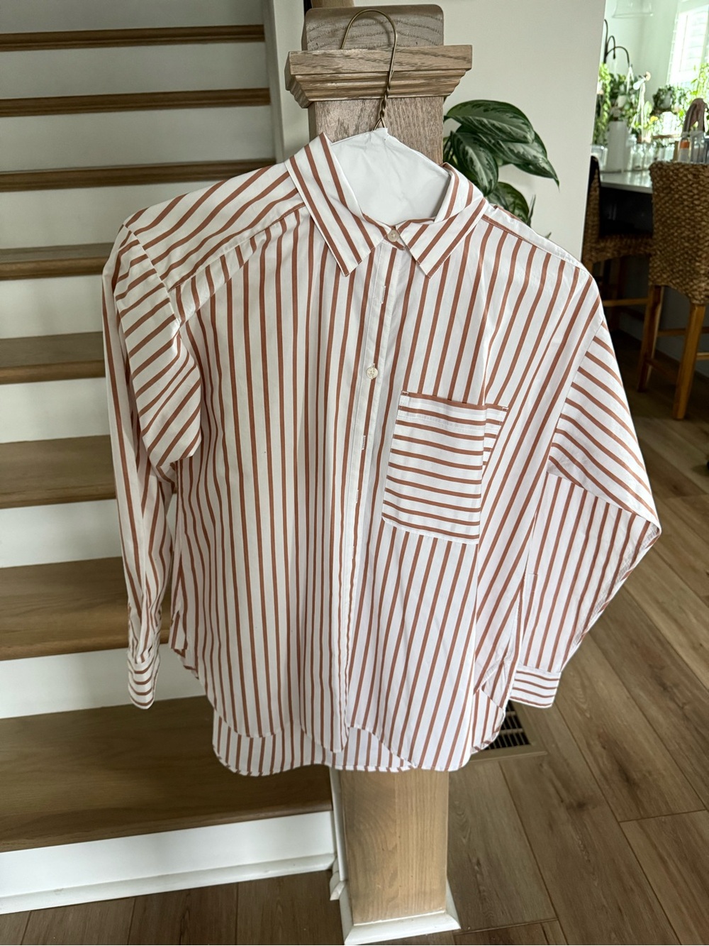 LOFT White Button-Down Shirt with Brown Stripes